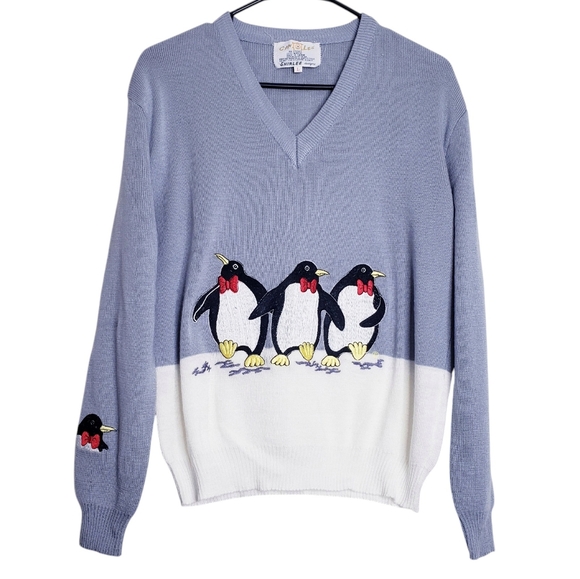 Vintage Cyn Les Penguin Embroidered V-Neck Winter Knit Sweater Womens Size Large - Picture 1 of 7